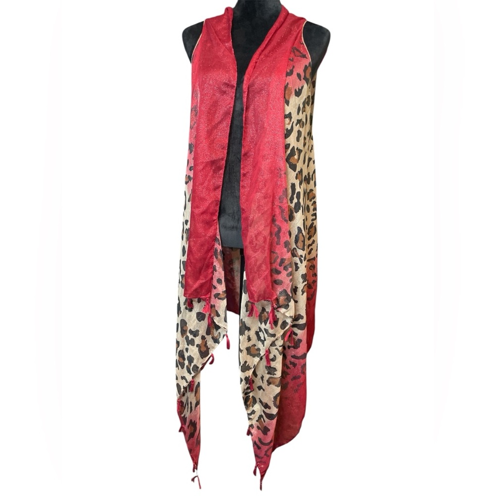 Grace & Emma Stylish Red, Gold & Leopard Print Vest, Duster, Cardigan, Kimono